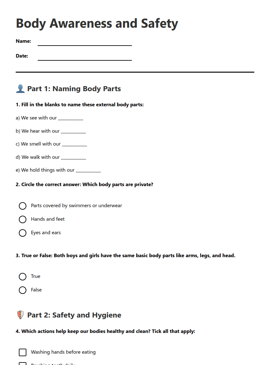 Body Awareness and Safety worksheet preview