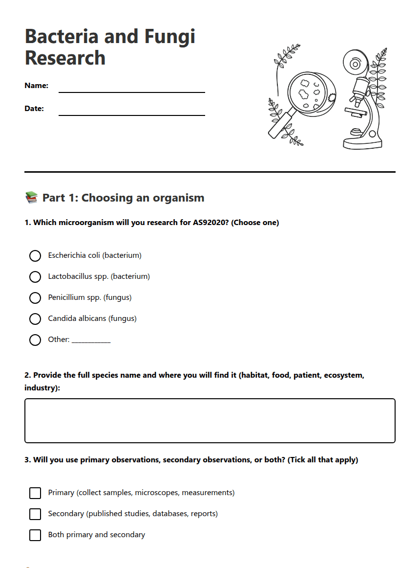 Bacteria and Fungi Research worksheet preview