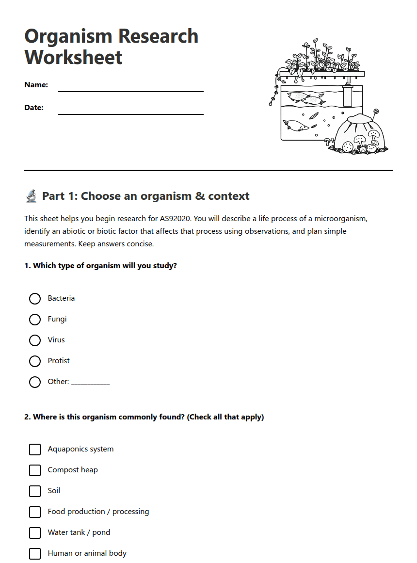 Organism Research Worksheet worksheet preview
