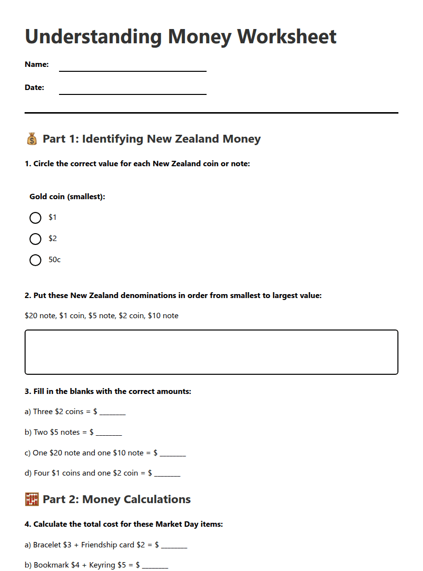 Understanding Money Worksheet worksheet preview