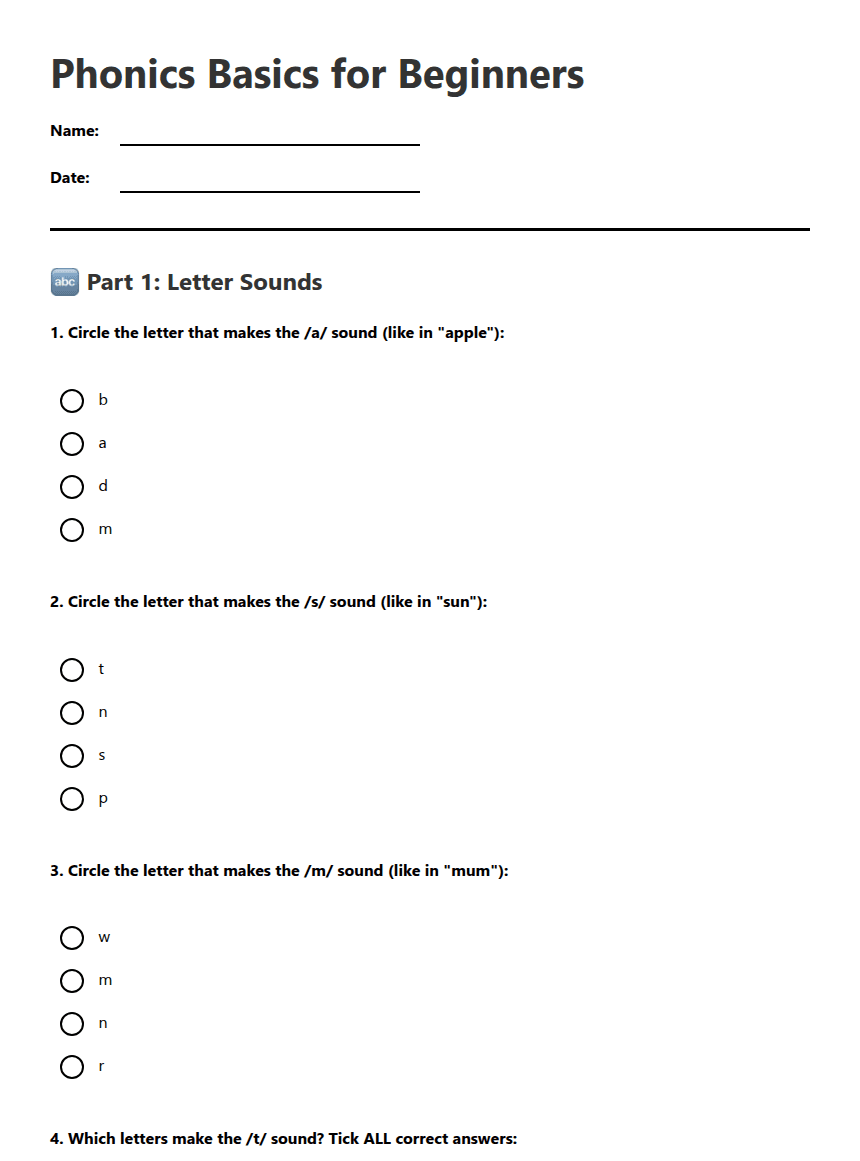 Phonics Basics for Beginners worksheet preview