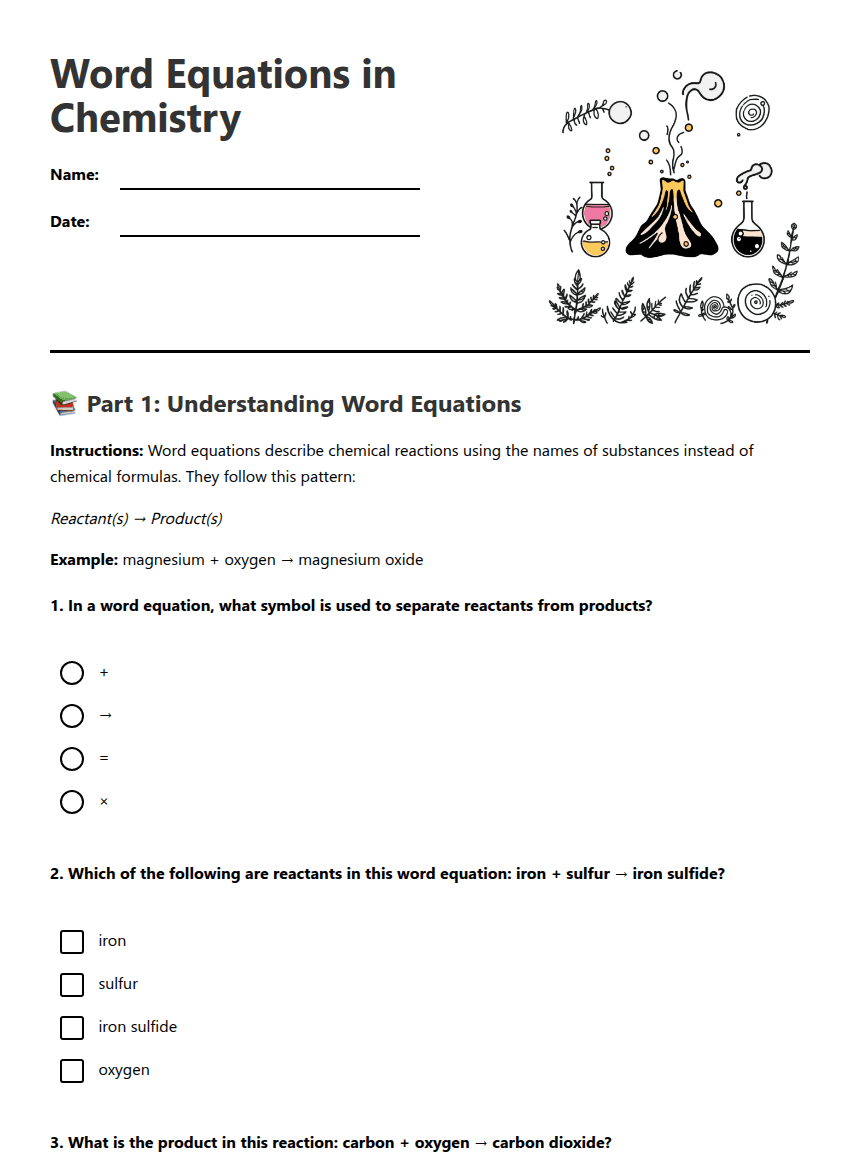 Word Equations in Chemistry worksheet preview