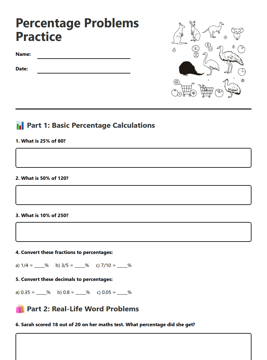 Percentage Problems Practice worksheet preview