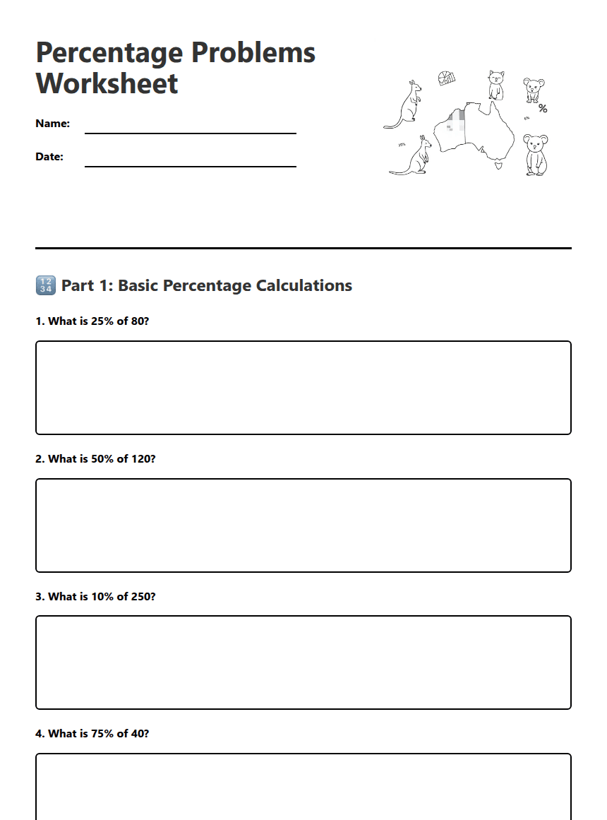 Percentage Problems Worksheet worksheet preview