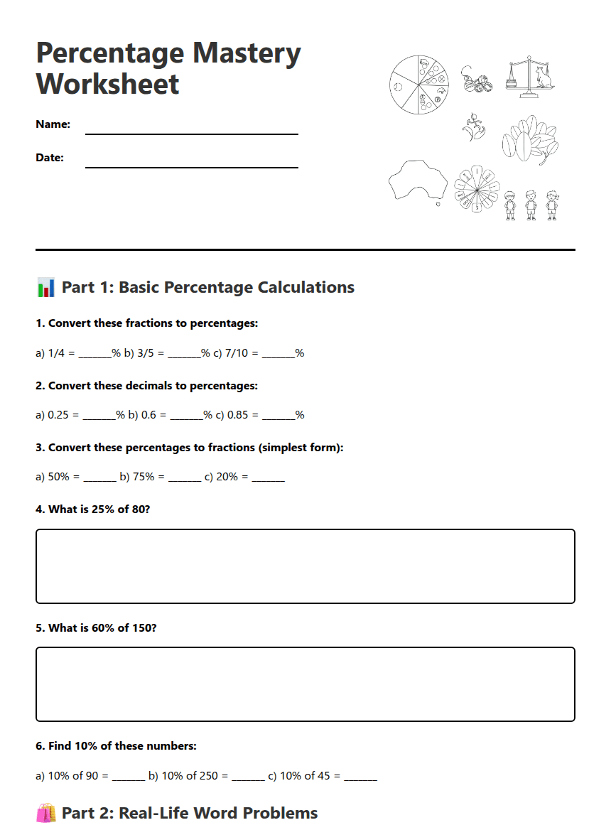 Percentage Mastery Worksheet worksheet preview