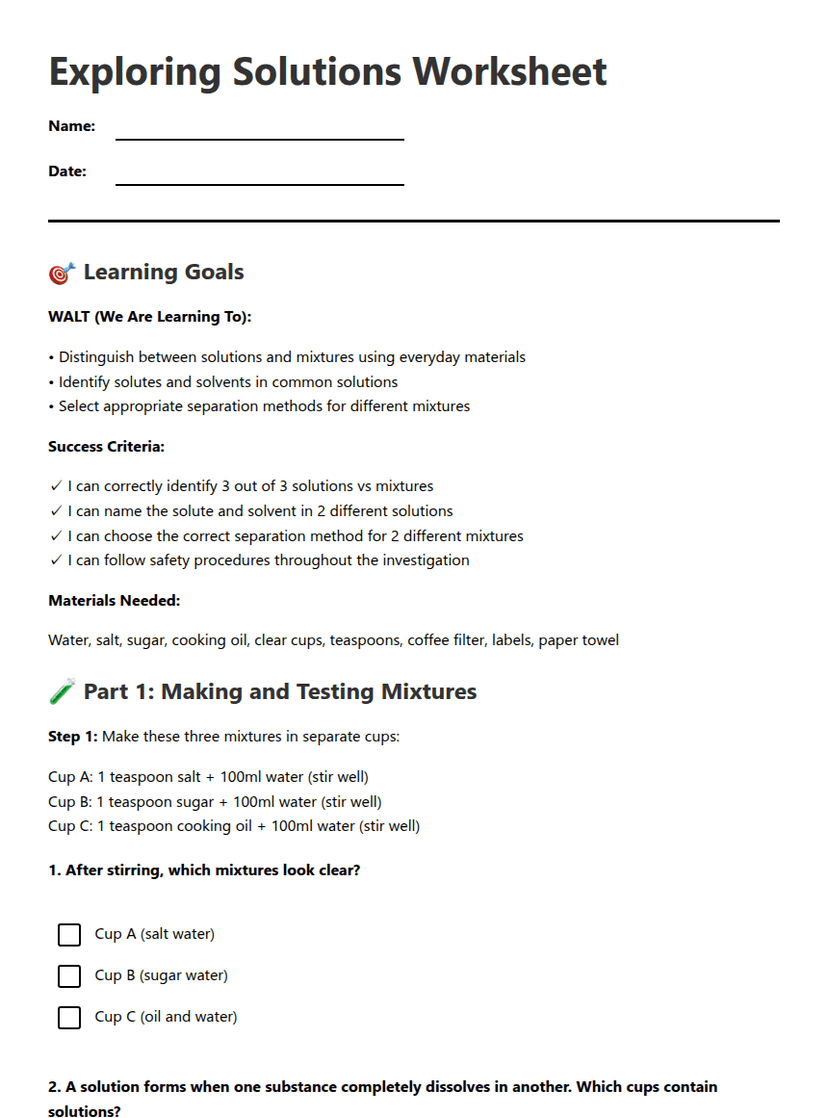 Exploring Solutions Worksheet