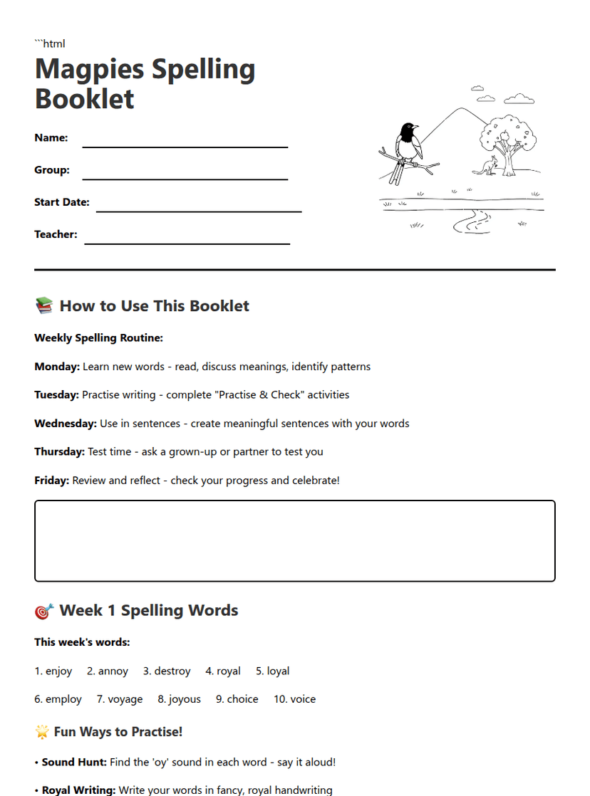 Magpies Spelling Booklet
