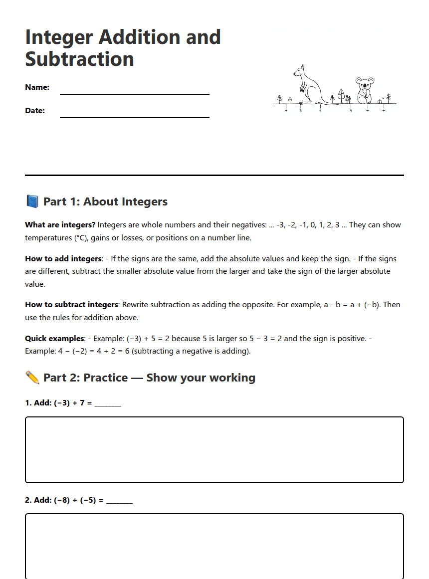 Integer Addition and Subtraction worksheet preview