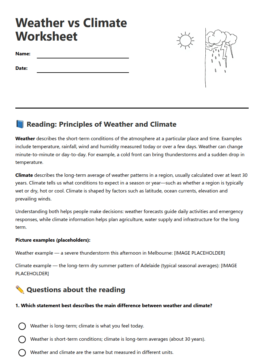 Weather vs Climate Worksheet worksheet preview