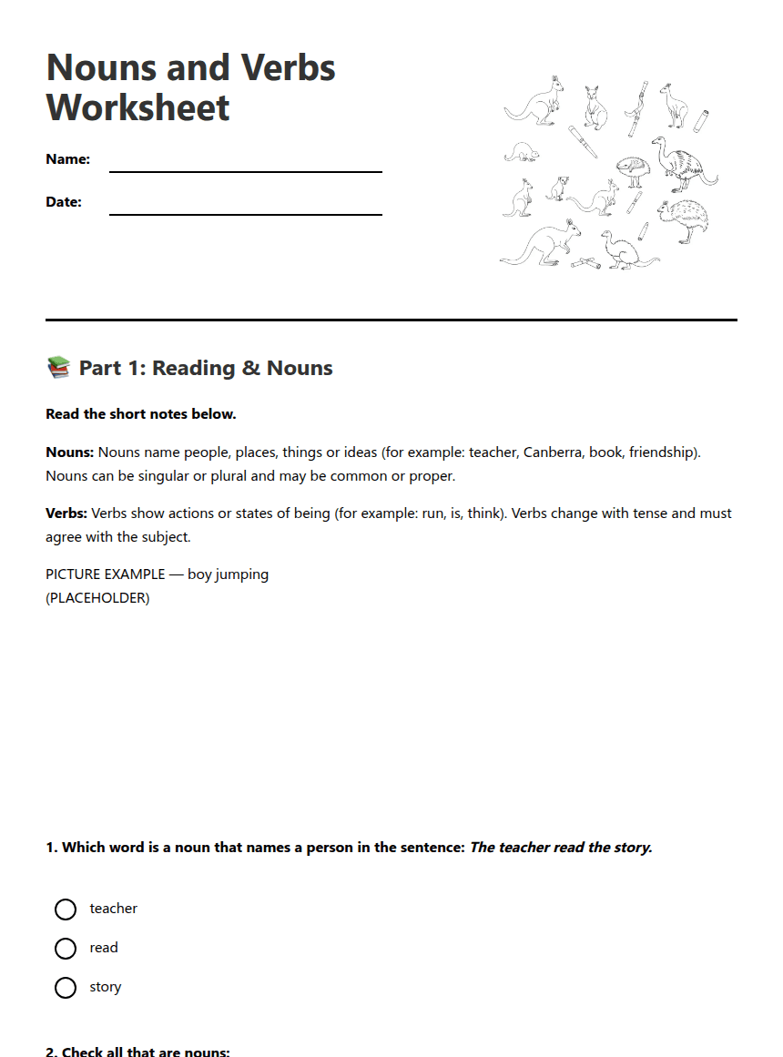Nouns and Verbs Worksheet worksheet preview