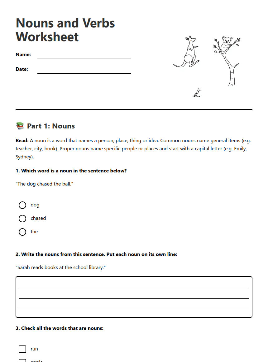 Nouns and Verbs Worksheet worksheet preview