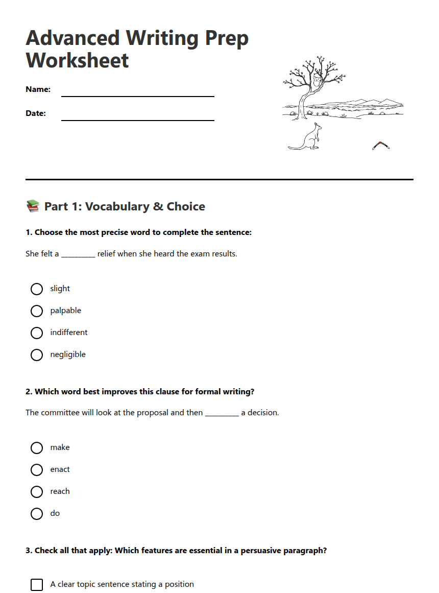 Advanced Writing Prep Worksheet worksheet preview