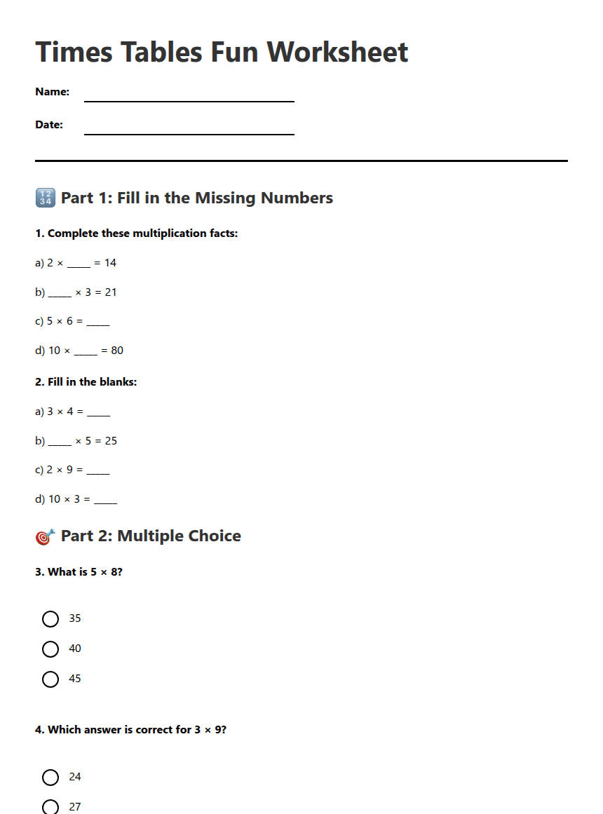 Times Tables Fun Worksheet worksheet preview