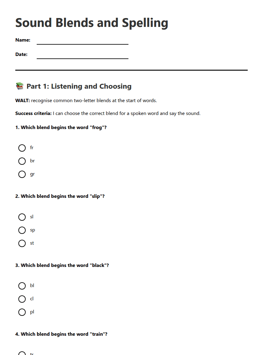 Sound Blends and Spelling worksheet preview