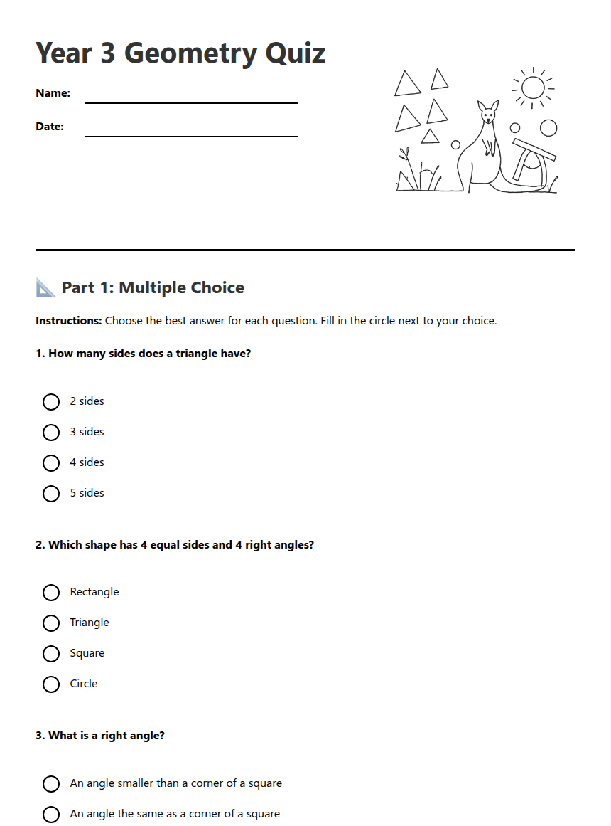 Year 3 Geometry Quiz worksheet preview