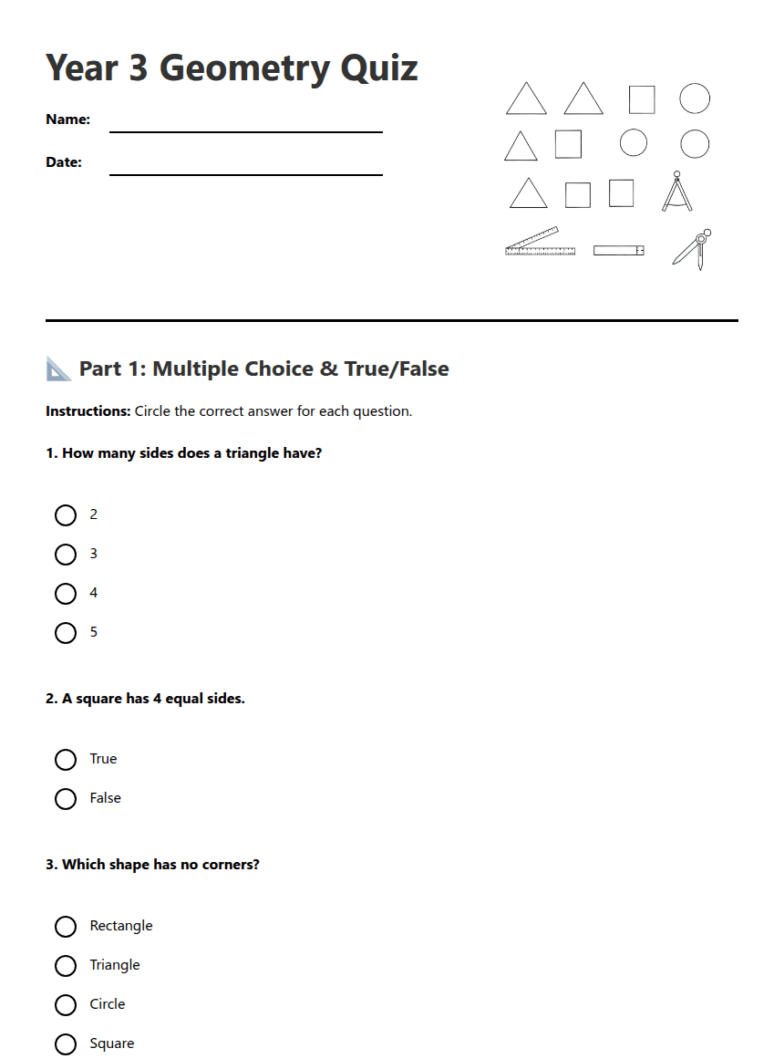 Year 3 Geometry Quiz worksheet preview
