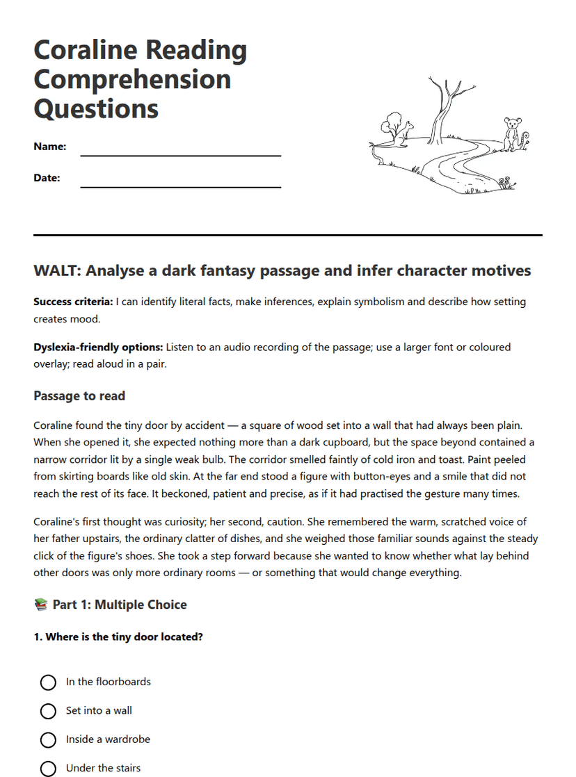 Coraline Reading Comprehension Questions