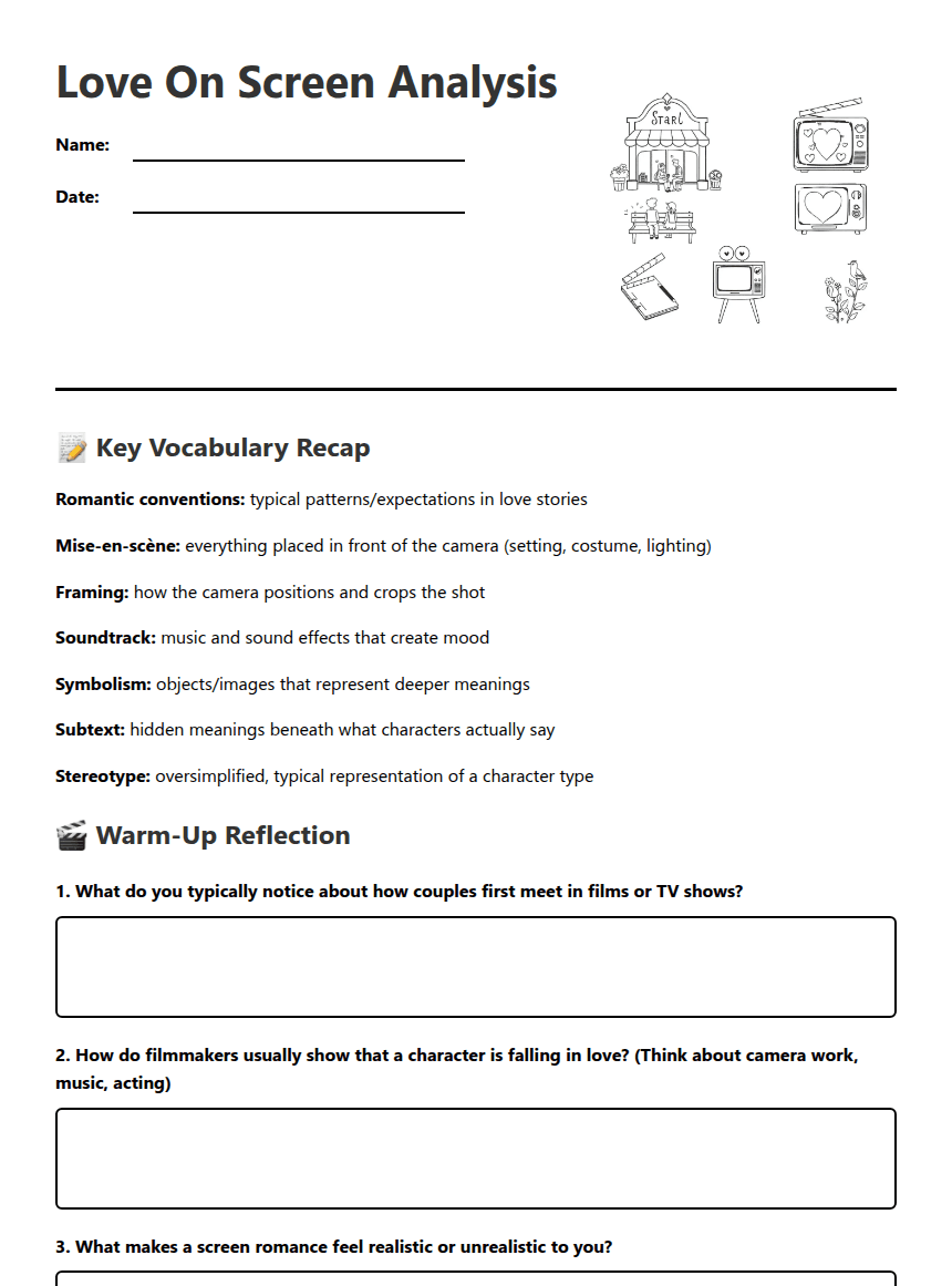 Love On Screen Analysis worksheet preview