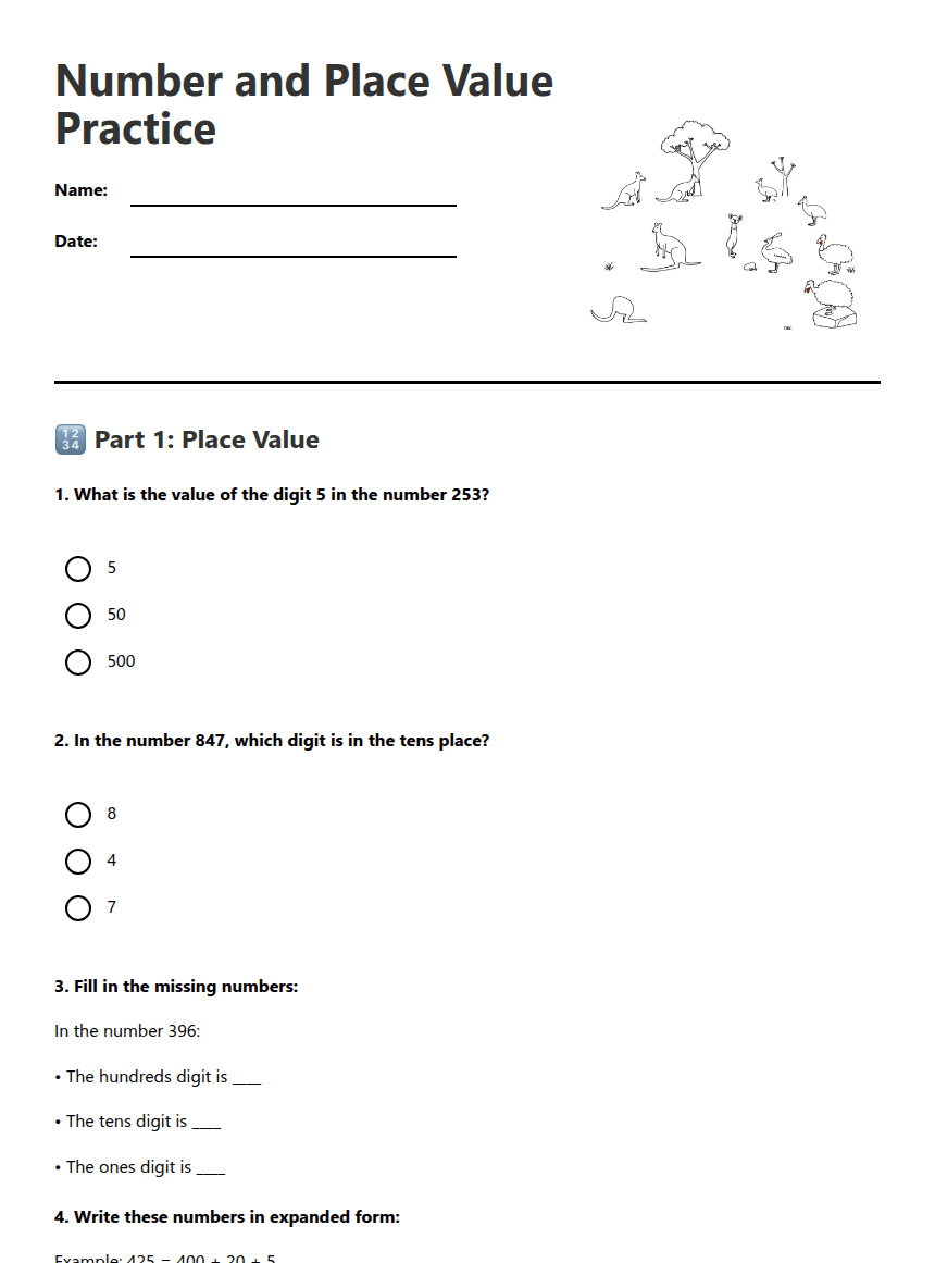 Number and Place Value Practice worksheet preview
