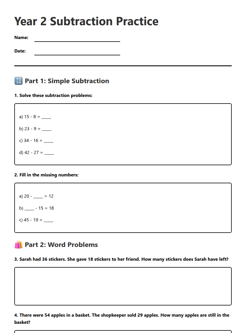 Year 2 Subtraction Practice worksheet preview