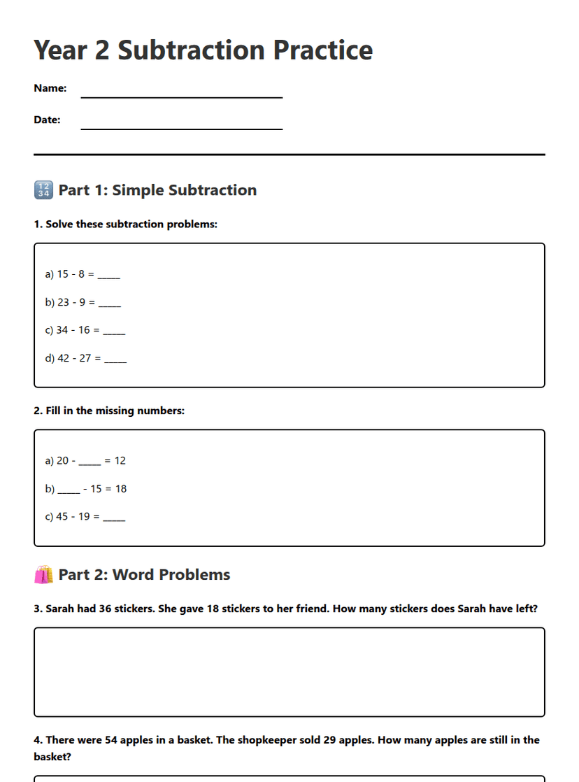 Year 2 Subtraction Practice