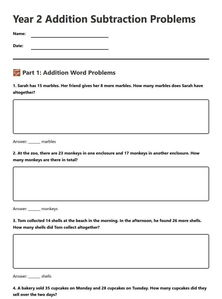 Year 2 Addition Subtraction Problems worksheet preview