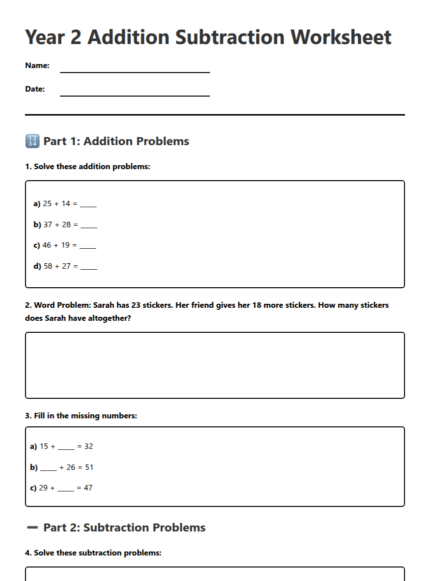 Year 2 Addition Subtraction Worksheet worksheet preview