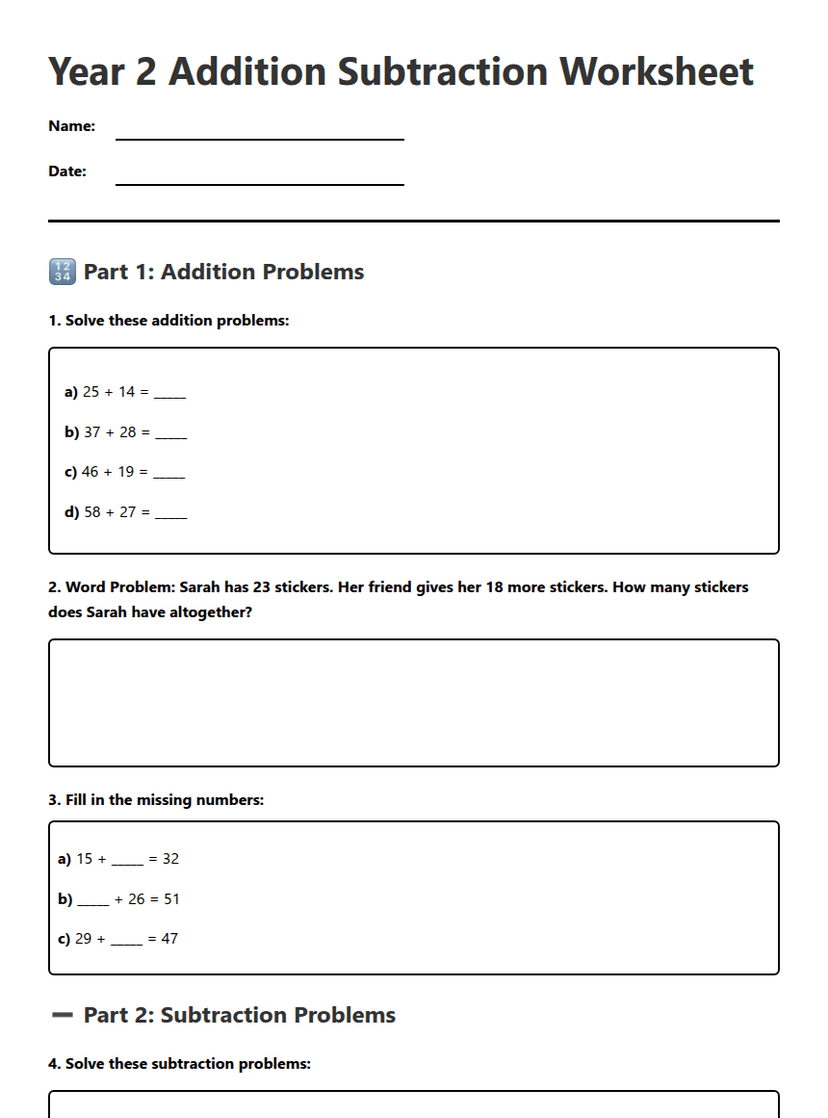 Year 2 Addition Subtraction Worksheet