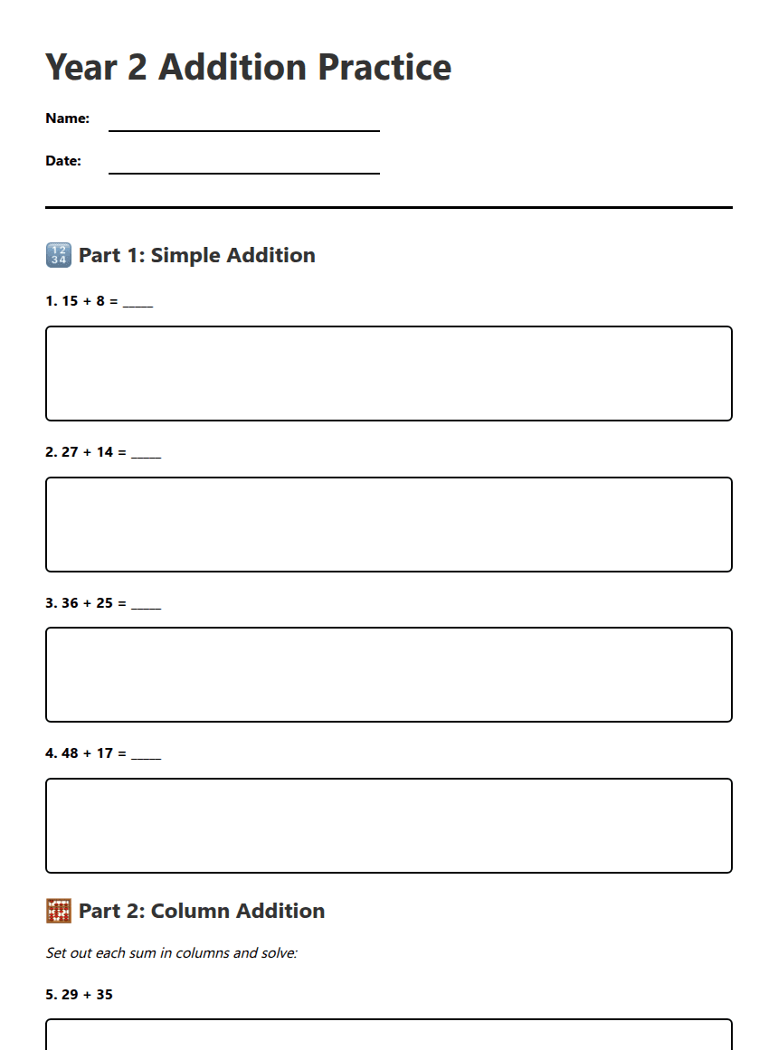 Year 2 Addition Practice worksheet preview