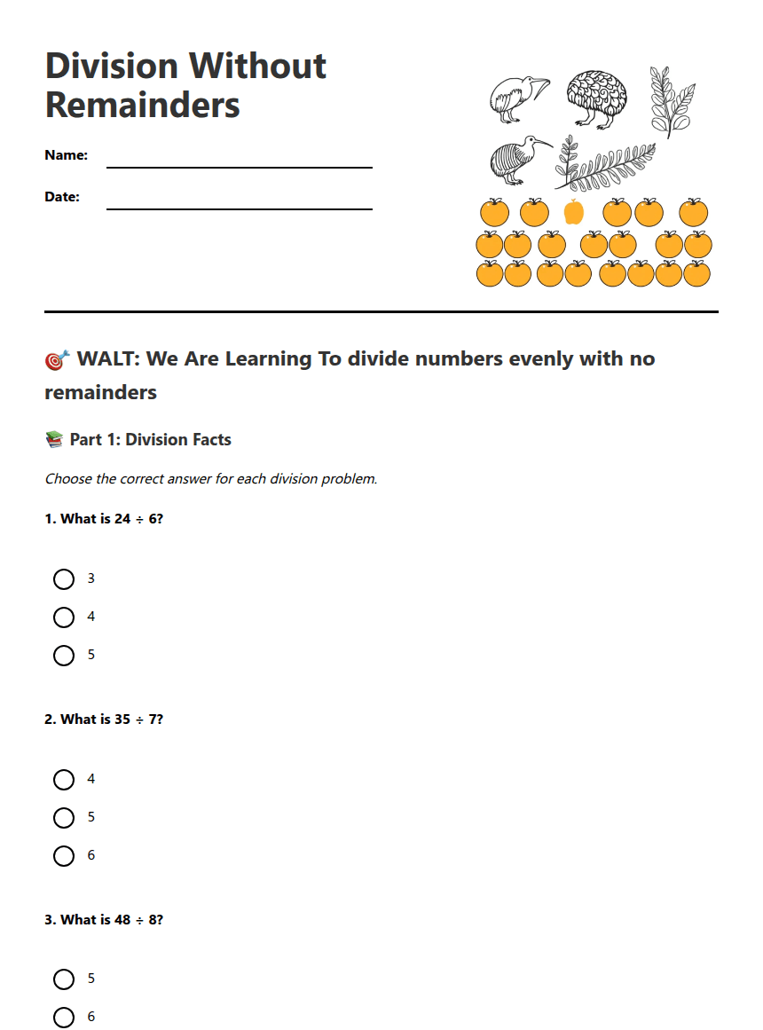 Division Without Remainders worksheet preview