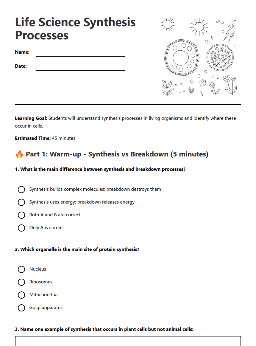 Synthesis in Life Science worksheet preview