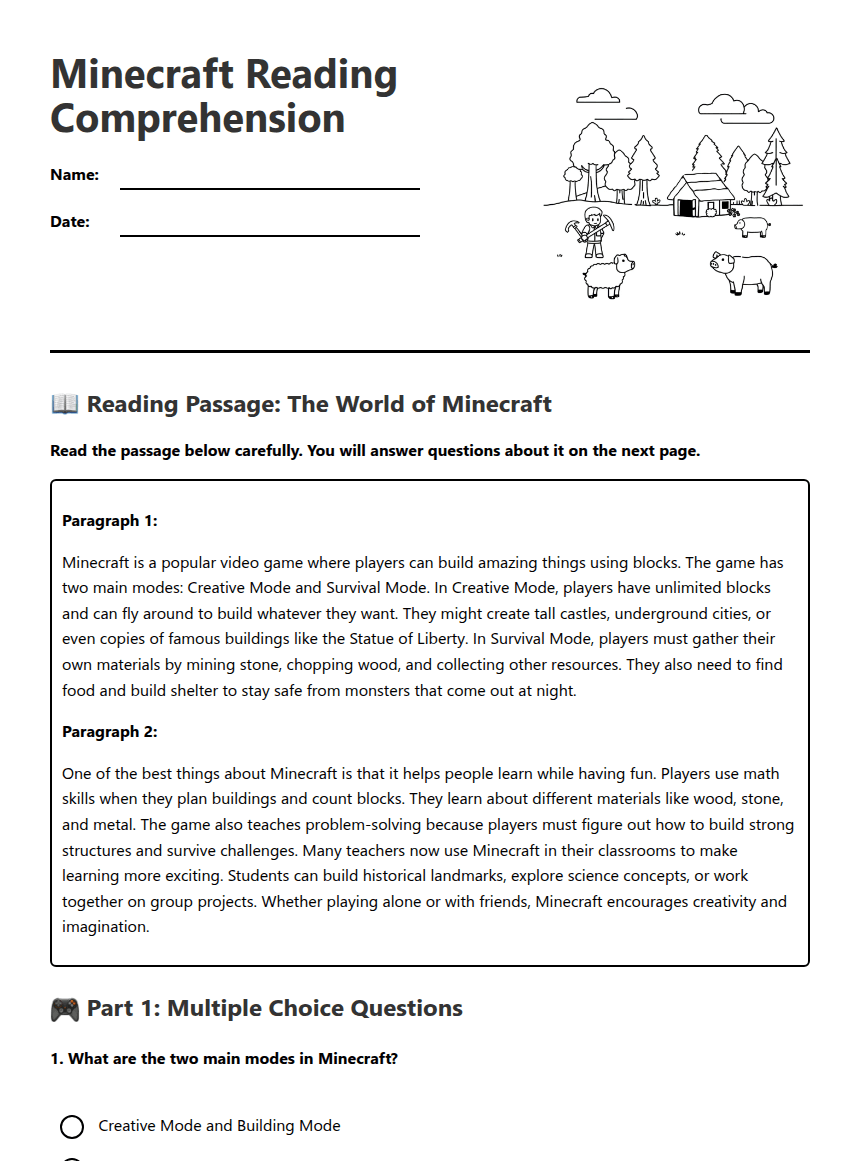 Minecraft Reading Comprehension worksheet preview