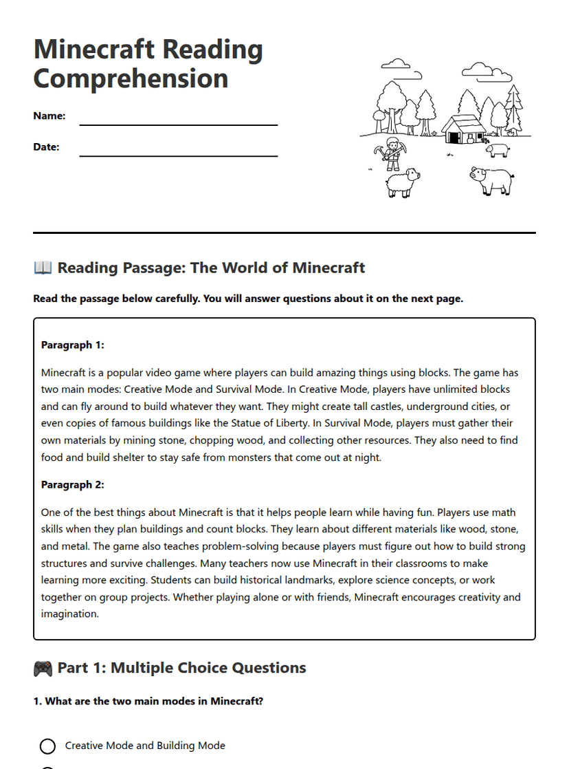 Minecraft Reading Comprehension