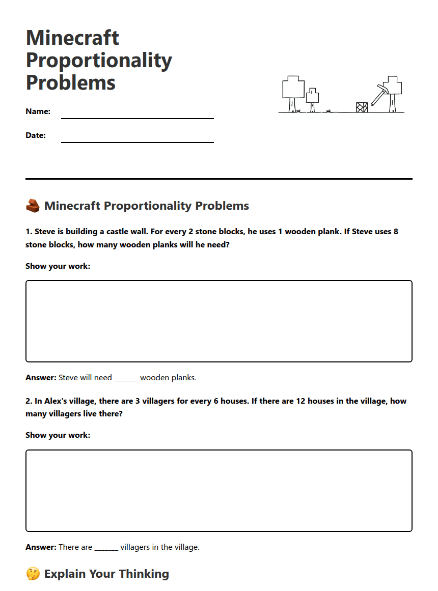 Minecraft Proportionality Problems worksheet preview