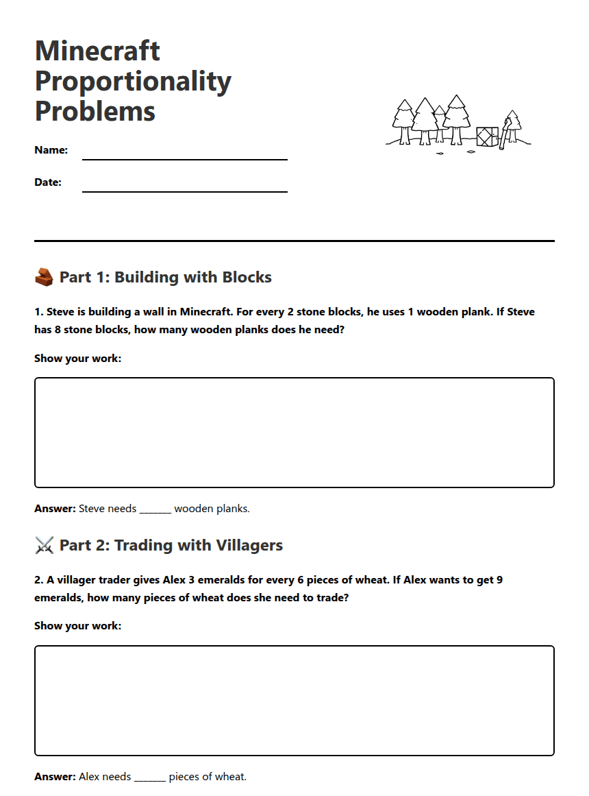 Minecraft Proportionality Problems worksheet preview