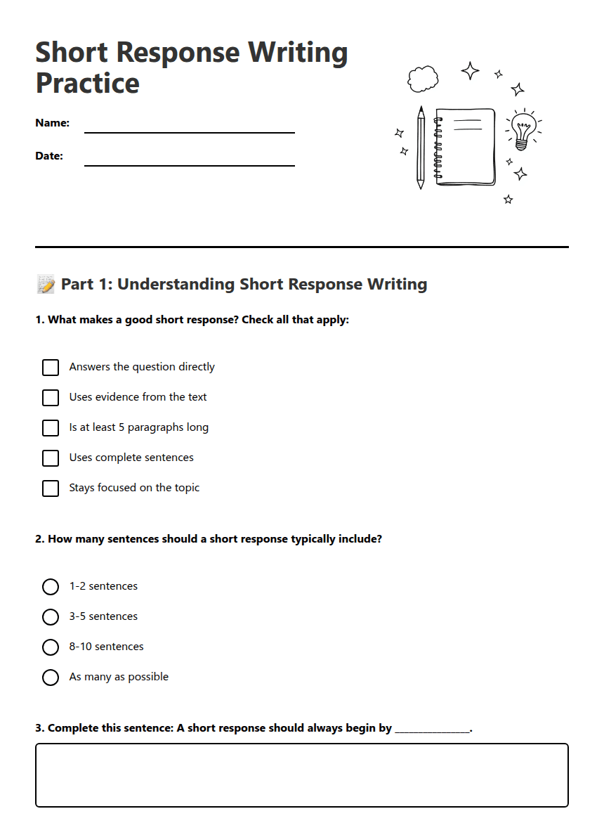 Short Response Writing Practice worksheet preview