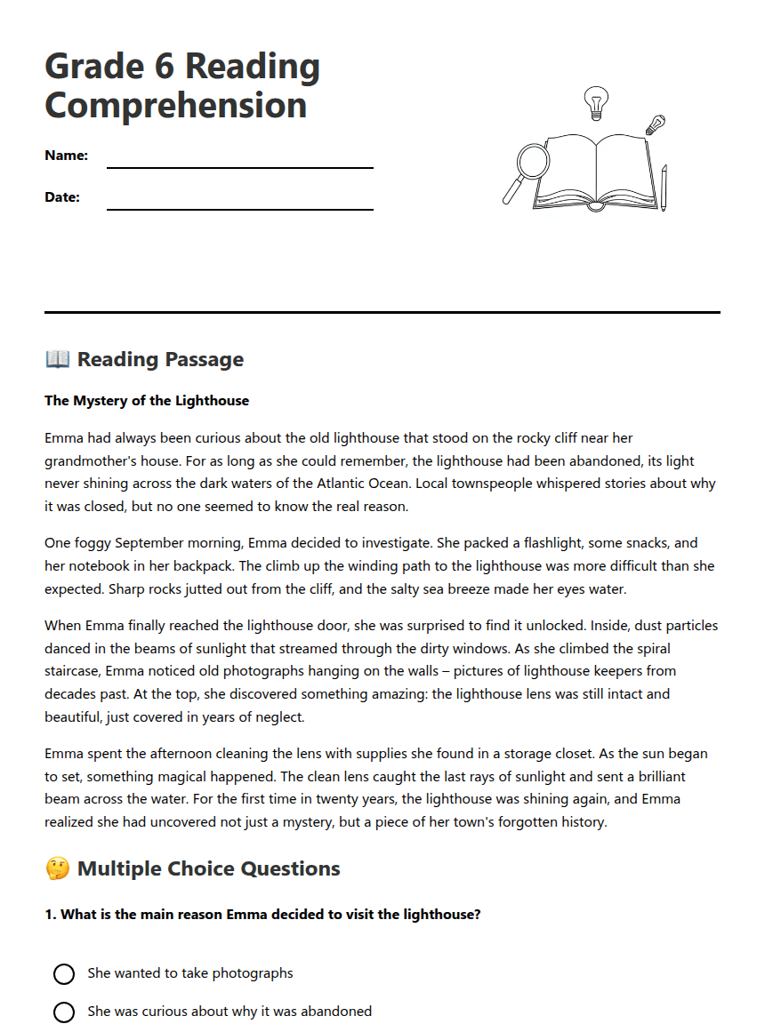 Grade 6 Reading Comprehension worksheet preview