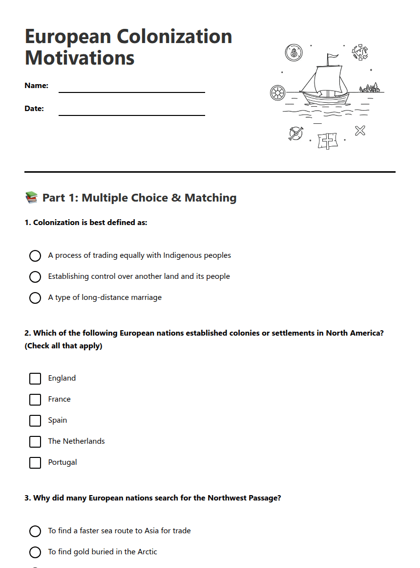 European Colonization Motivations worksheet preview
