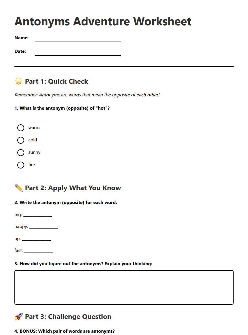 Antonyms Adventure Worksheet worksheet preview