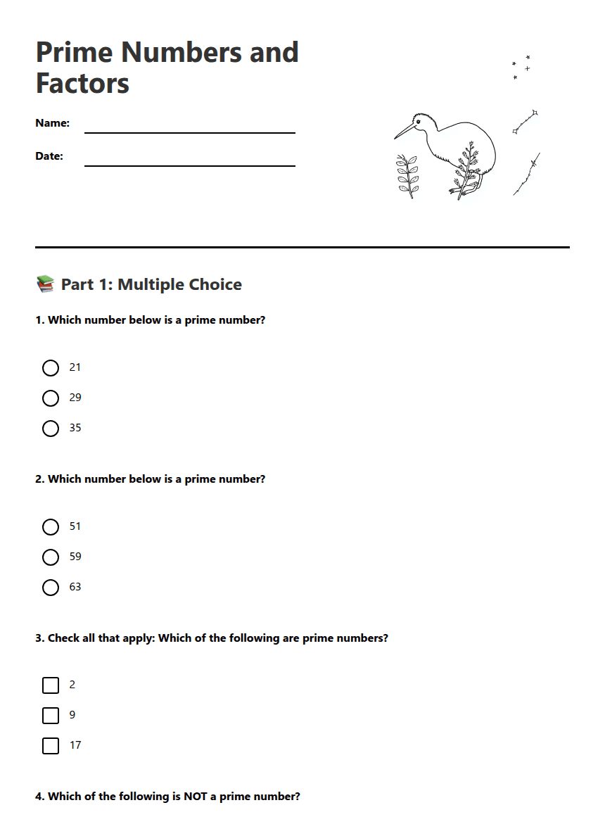 Prime Numbers and Factors worksheet preview