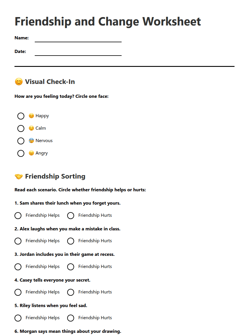 Friendship and Change Worksheet worksheet preview