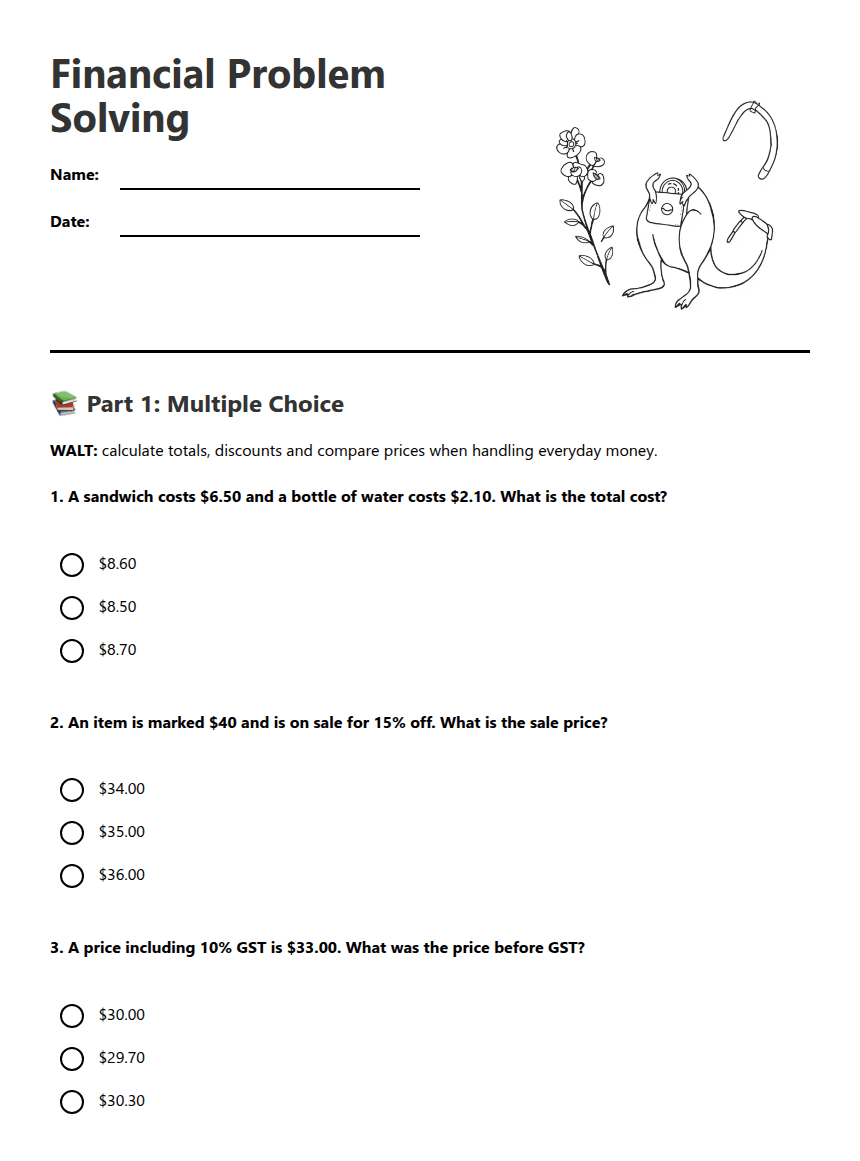 Financial Problem Solving worksheet preview