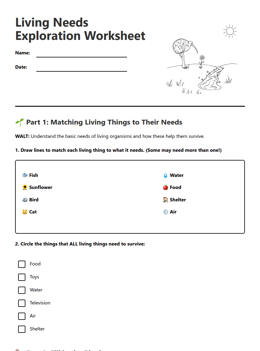 Living Needs Exploration Worksheet worksheet preview