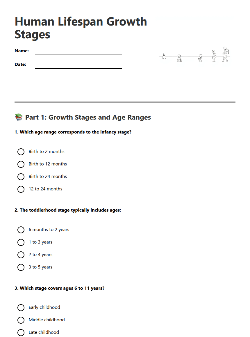 Human Lifespan Growth Stages worksheet preview