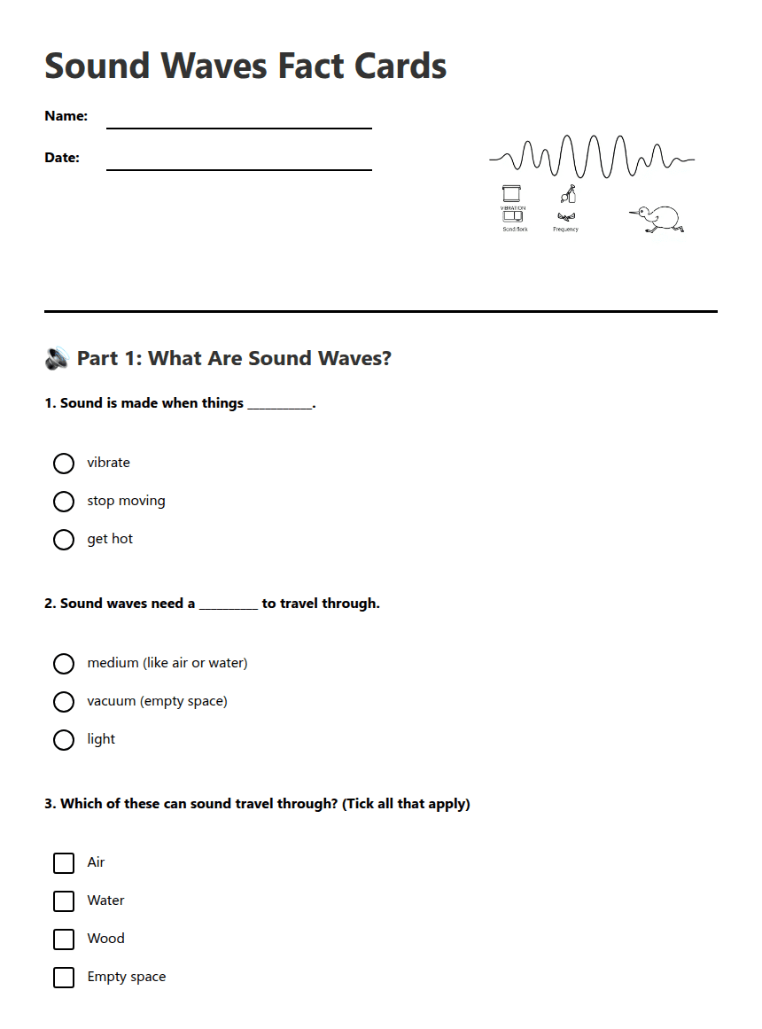 Sound Waves Fact Cards worksheet preview