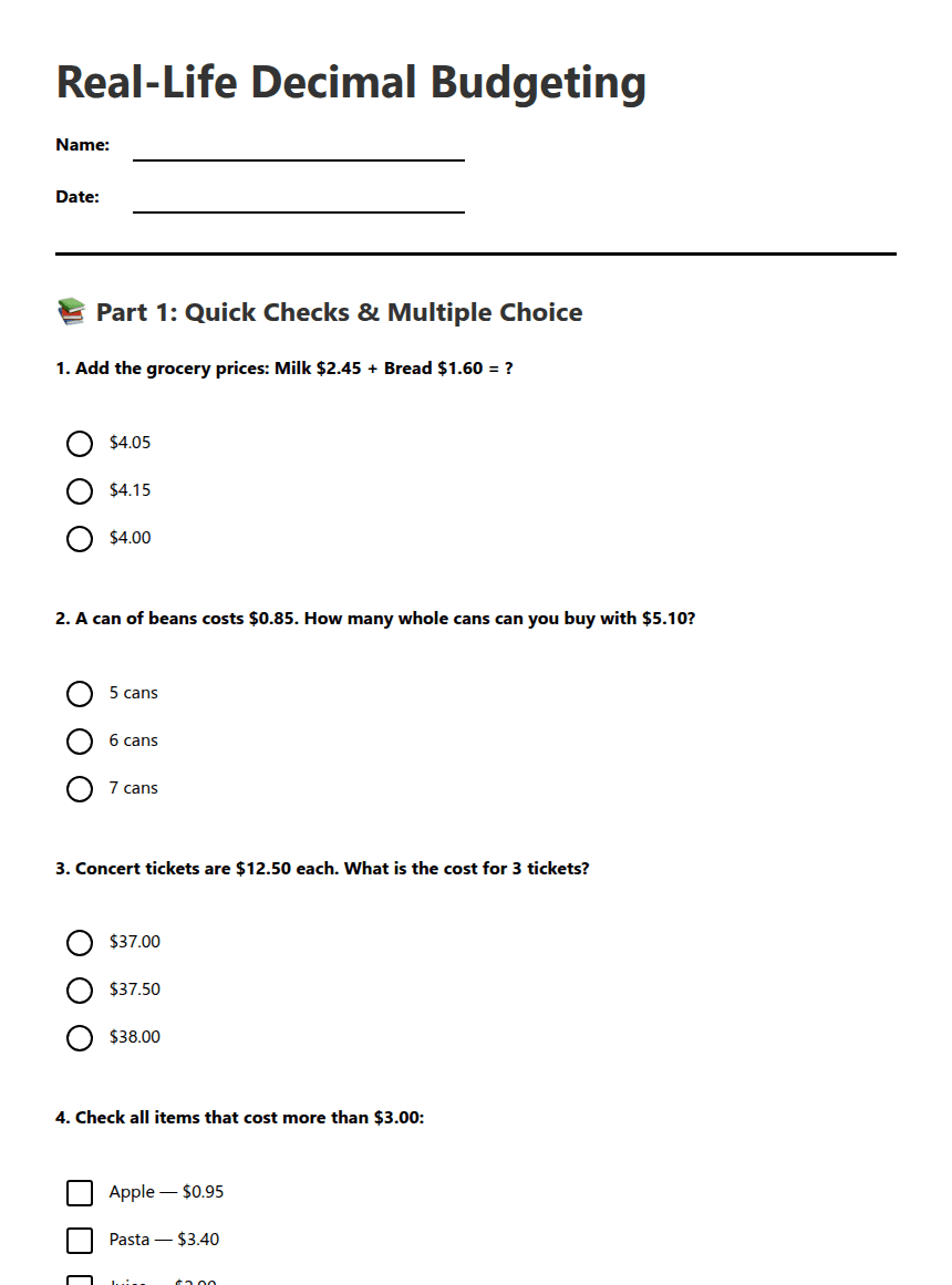 Real-Life Decimal Budgeting worksheet preview