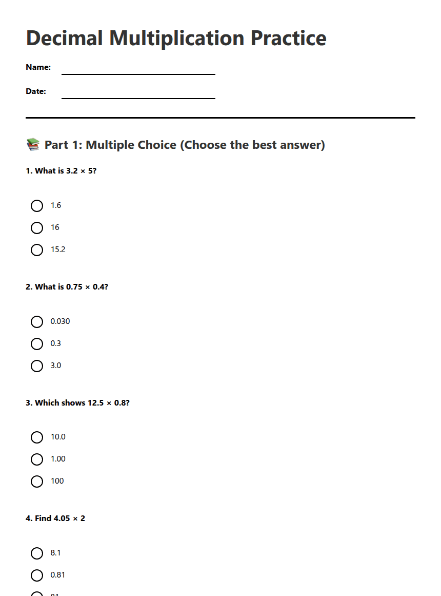 Decimal Multiplication Practice worksheet preview