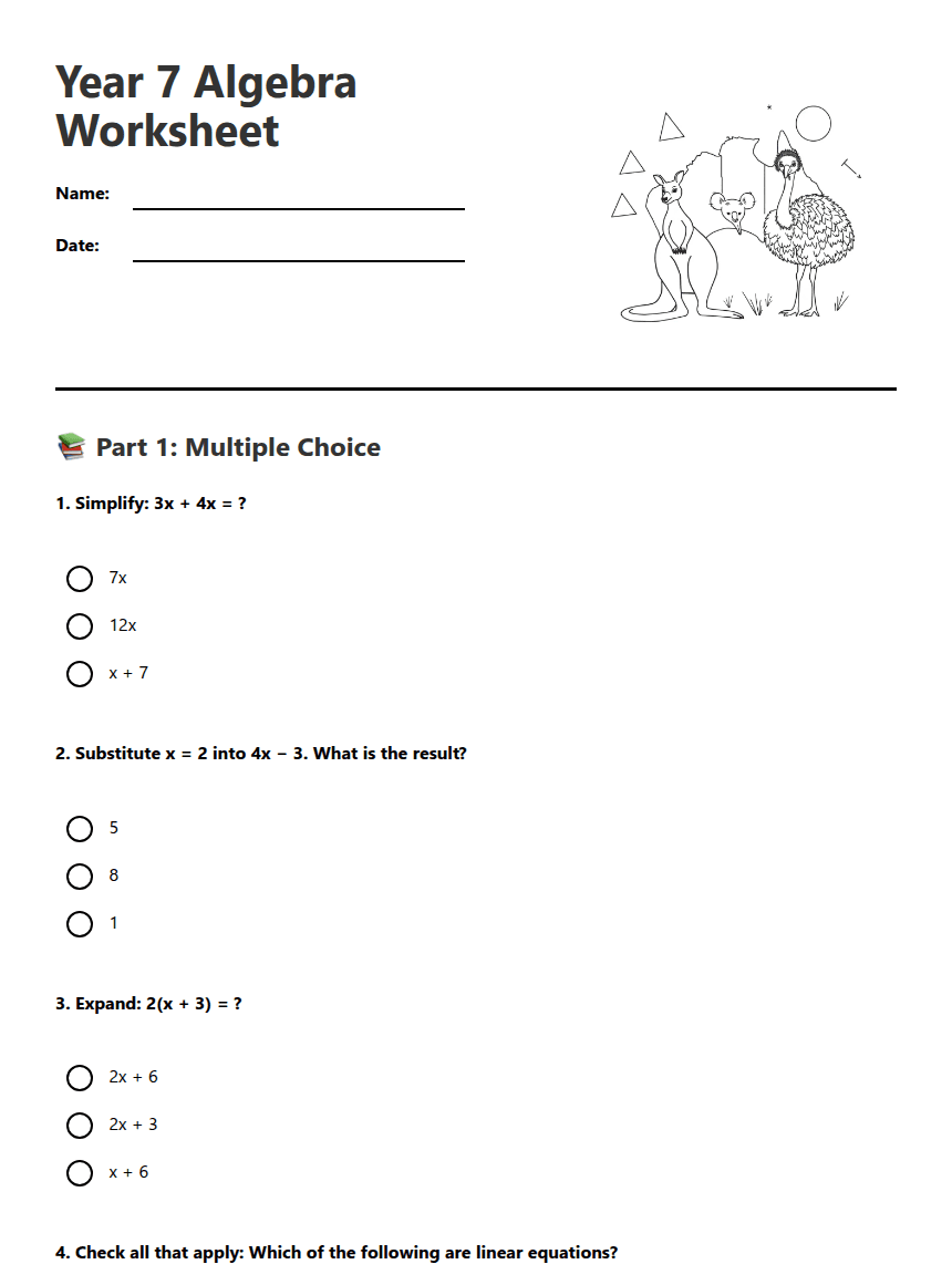 Year 7 Algebra Worksheet worksheet preview