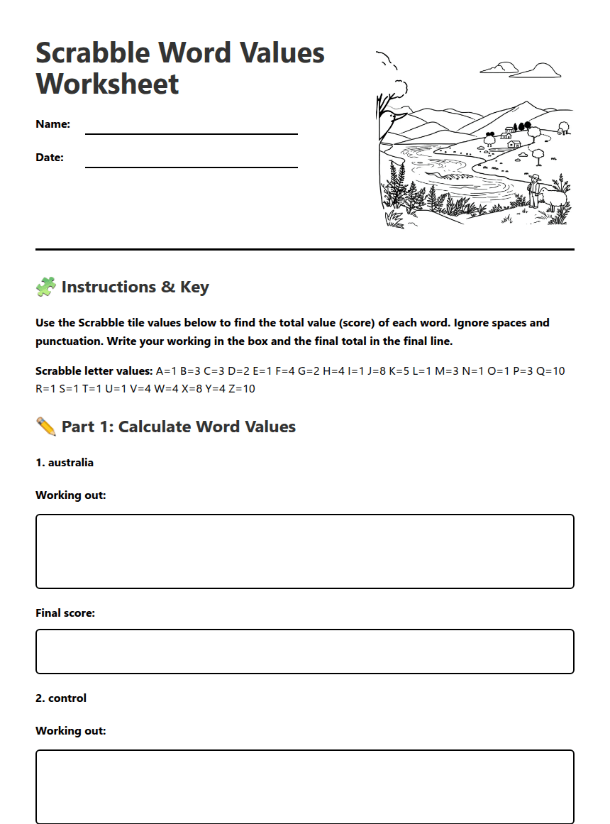 Scrabble Word Values Worksheet worksheet preview