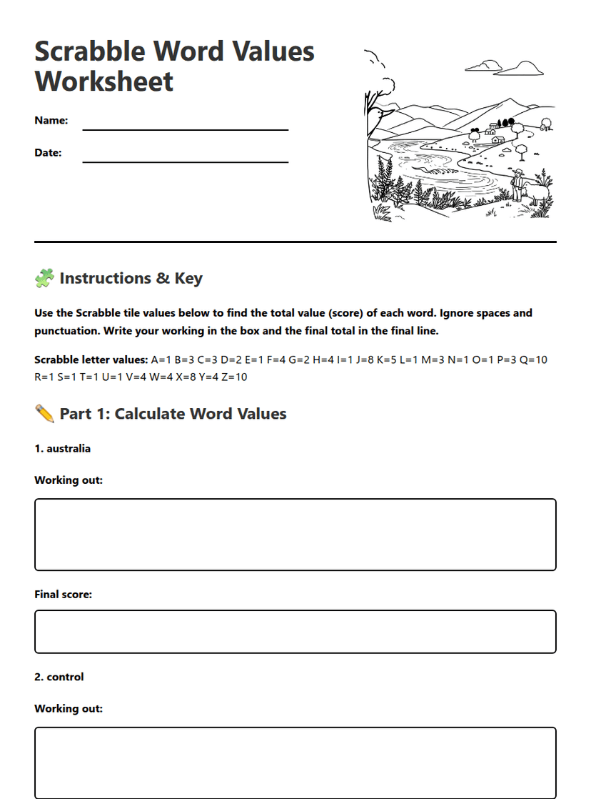 Scrabble Word Values Worksheet